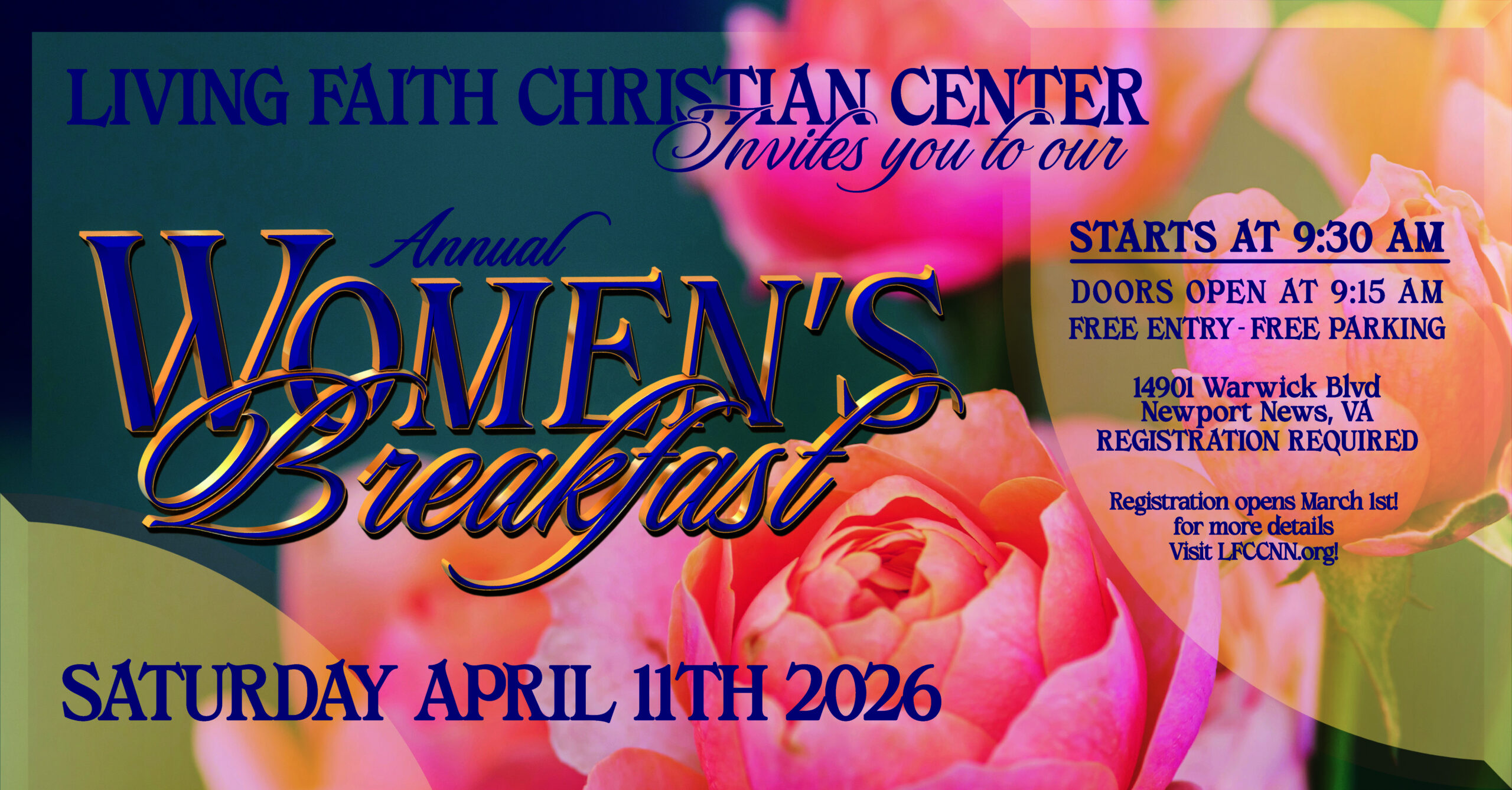 This a flyer for our Annual Women's Breakfast. It will happen on April, 11, 2026 at 9:30 am.